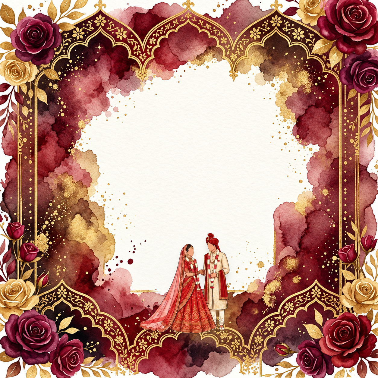 Burgundy and gold wedding artwork with an illustrated couple