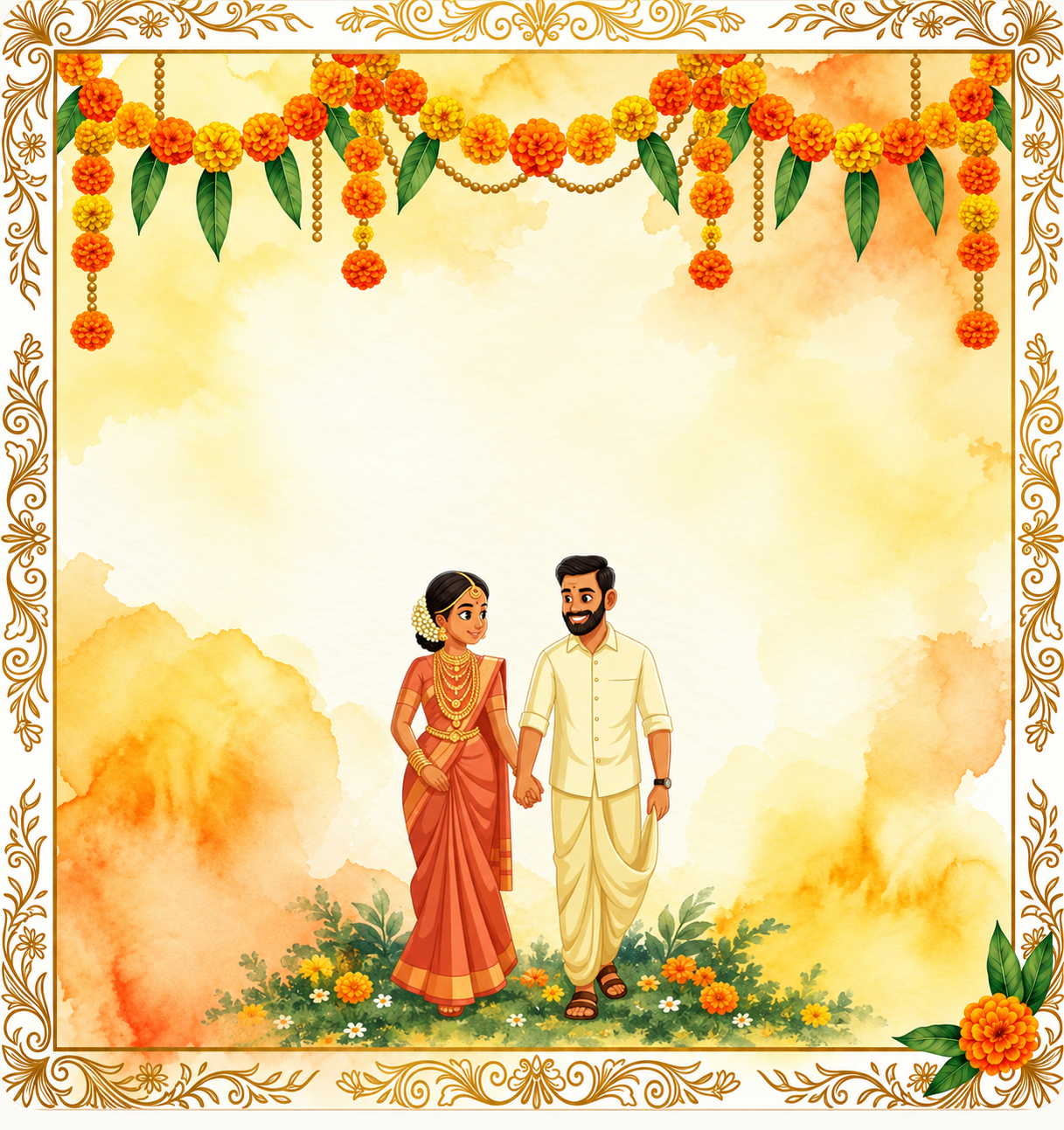 Yellow marigold prewedding artwork with a traditionally dressed couple