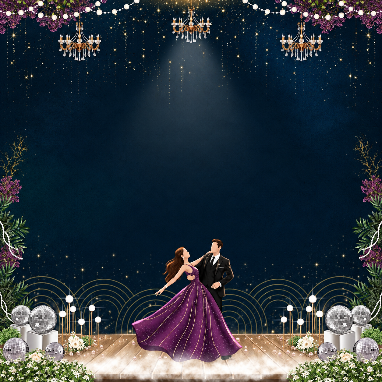 Blue and gold Sangeeth artwork with a dancing couple